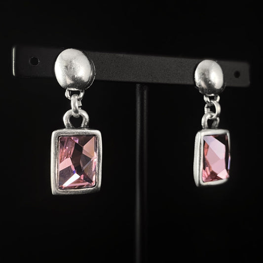 Silver Drop Earrings with Pink Rectangle Crystals, Handmade, Nickel Free - Noir