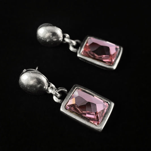 Silver Drop Earrings with Pink Rectangle Crystals, Handmade, Nickel Free - Noir
