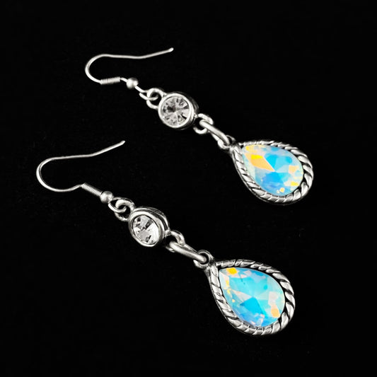 Silver Earrings with Teardrop Blue Opal Crystal, Handmade, Nickel Free - Noir
