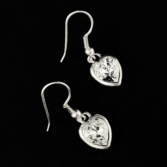 Silver Heart Crystal Drop Earrings, Handmade, Nickel Free - Noir