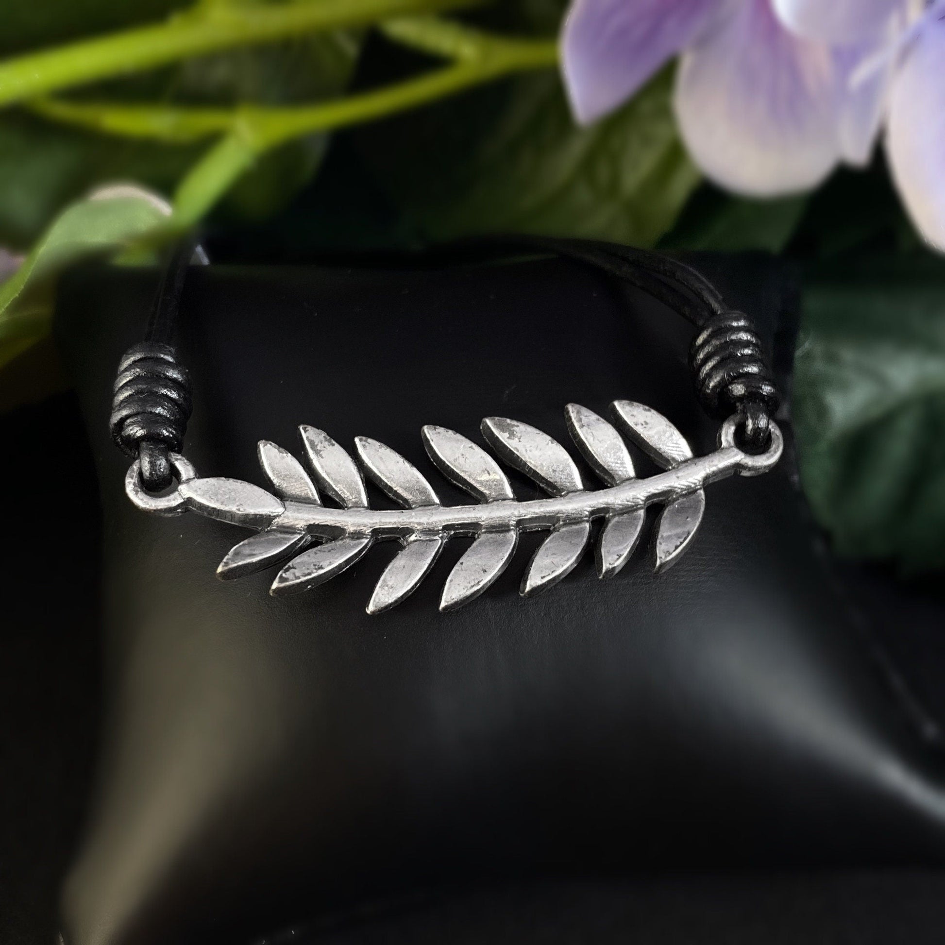 Silver Leaf Necklace with Black Leather Cord - Handmade Nickel Free Ulla Jewelry