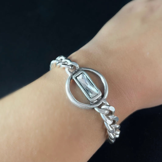 Silver Link Bracelet with Clear Crystal, Handmade, Nickel Free