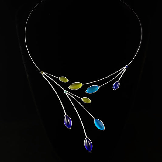 Silver Memory Wire Floral Necklace with Handmade Glass Beads, Hypoallergenic, Olivine/Sapphire/Aqua - Kristina