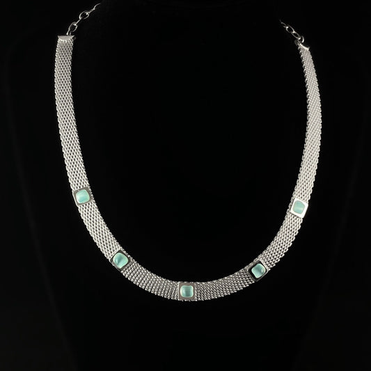 Silver Mesh Chain Necklace with Square Blue Stone Accents - Handmade, Nickel Free - Ulla