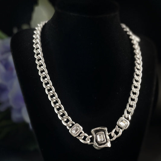 Silver Necklace with Clear Crystals, Handmade, Nickel Free