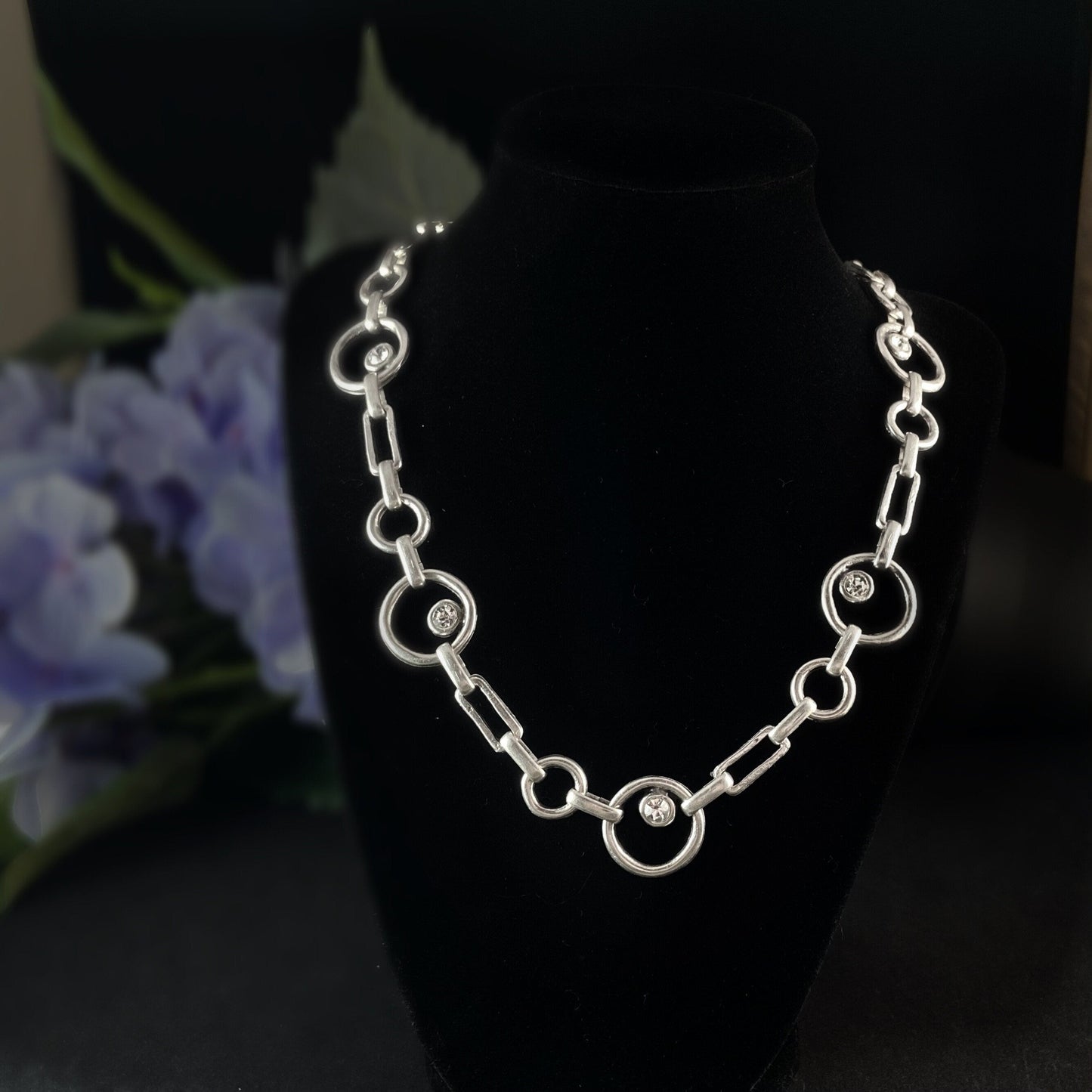 Silver Necklace with Clear Crystals, Handmade, Nickel Free