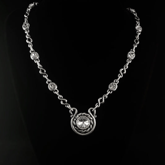 Silver Necklace with Clear Round Crystals and Horseshoe Medallion Pendant, Handmade, Nickel Free - Noir