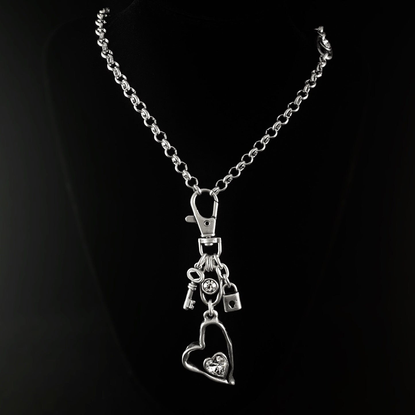Silver Necklace with Heart, Lock, and Key Pendant, Handmade, Nickel Free - Noir