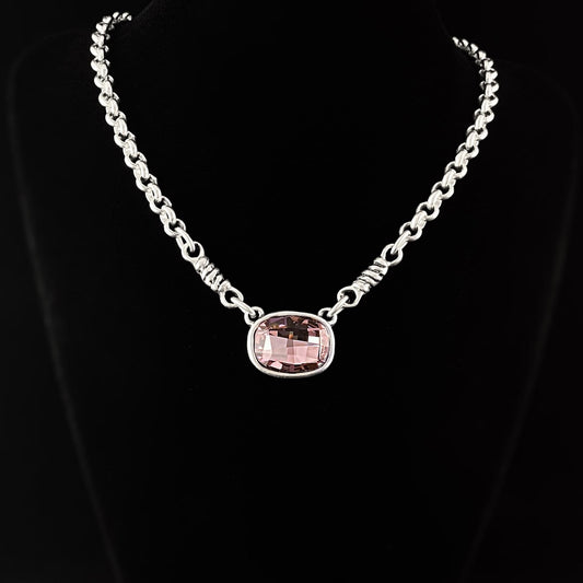 Silver Necklace with Pink Crystal Rectangular Pendant, Handmade, Nickel Free - Noir