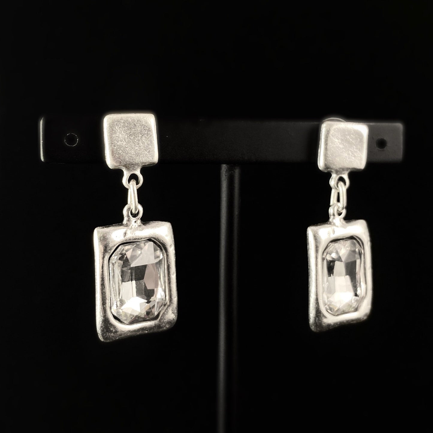 Silver Rectangle Crystal Drop Earrings - Handmade, Nickel Free - Elegant Minimalist Jewelry for Women