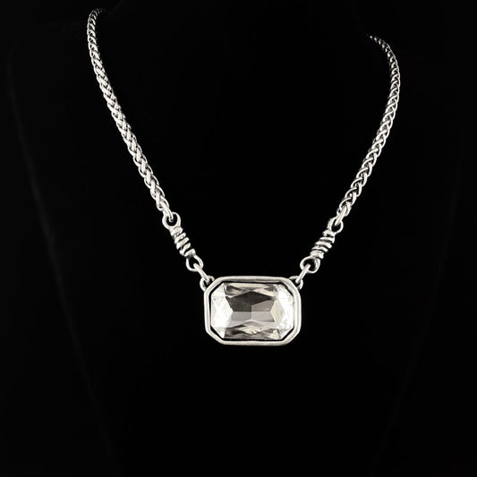 Silver Rope Chain Necklace with Clear Rectangle Crystal Pendant, Handmade, Nickel Free-Noir
