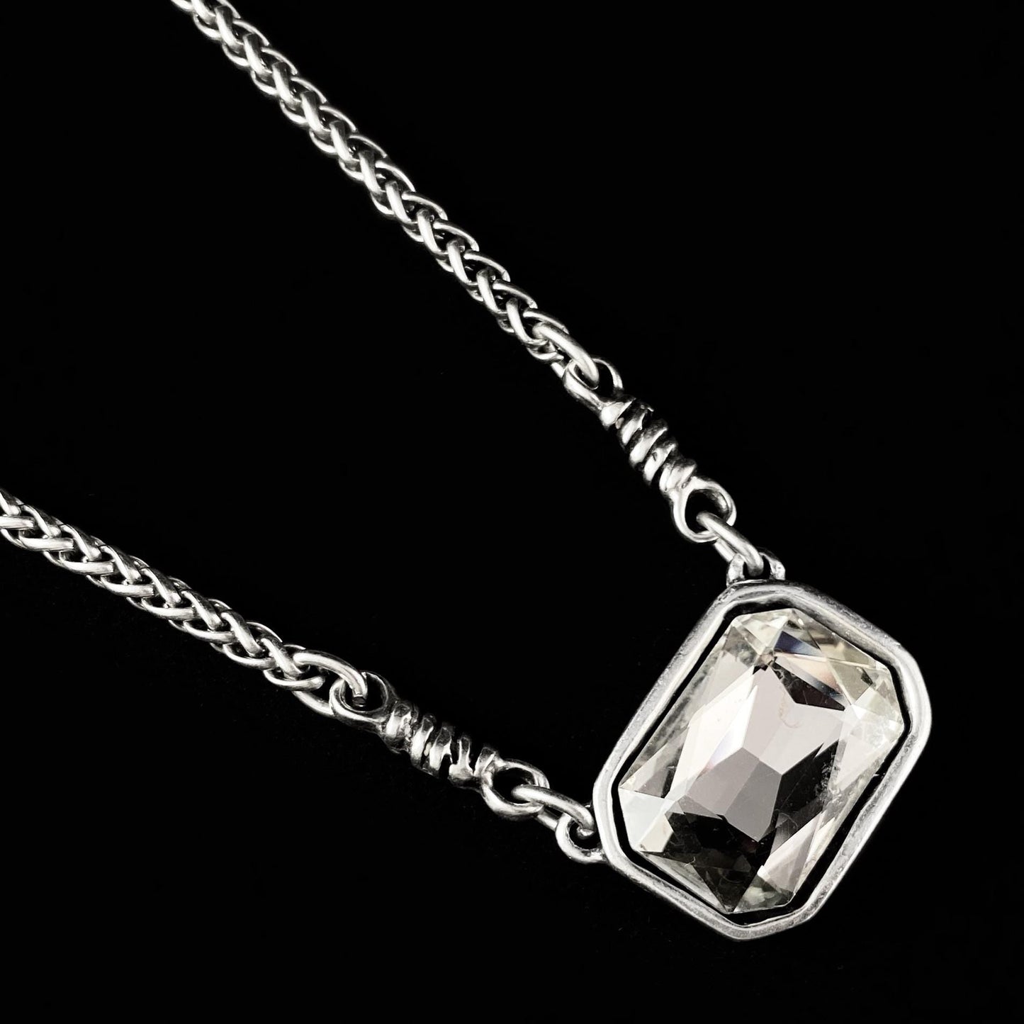 Silver Rope Chain Necklace with Clear Rectangle Crystal Pendant, Handmade, Nickel Free-Noir