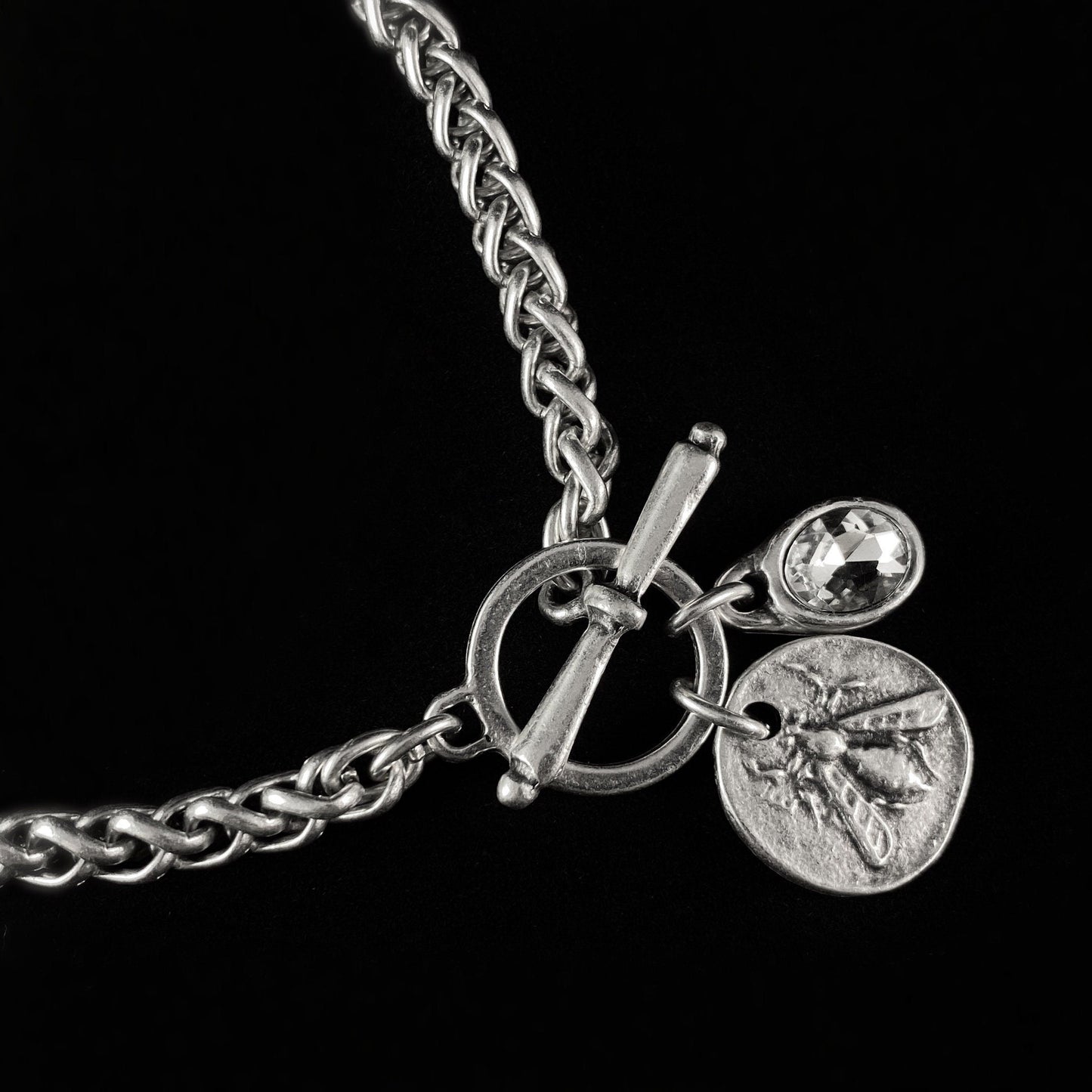 Silver Rope Chain Necklace with Toggle Closure, Bee Pendant and Crystal Pendant, Handmade, Nickel Free