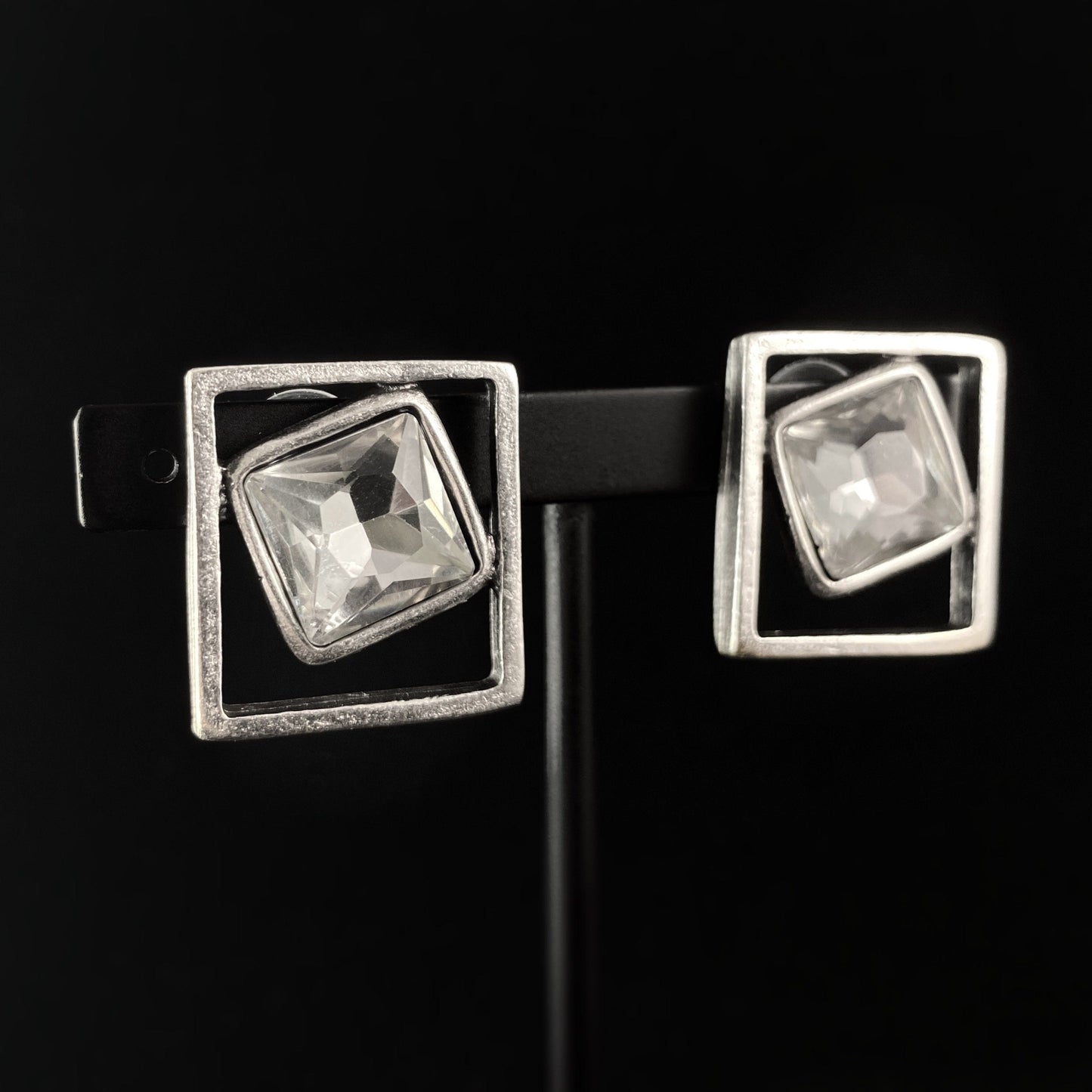 Silver Square Crystal Statement Earrings - Handmade, Nickel Free - Elegant Minimalist Jewelry for Women
