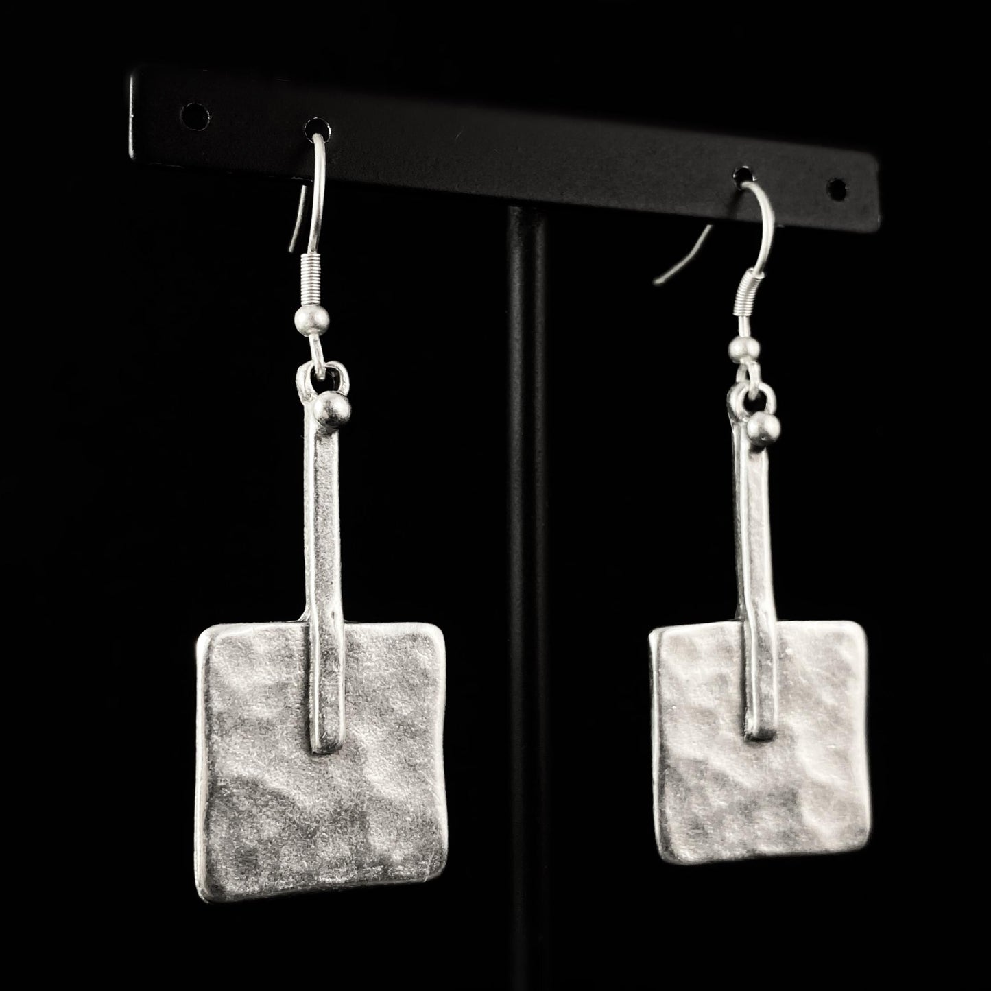 Silver Square Drop Earrings, Handmade, Nickel Free - Noir