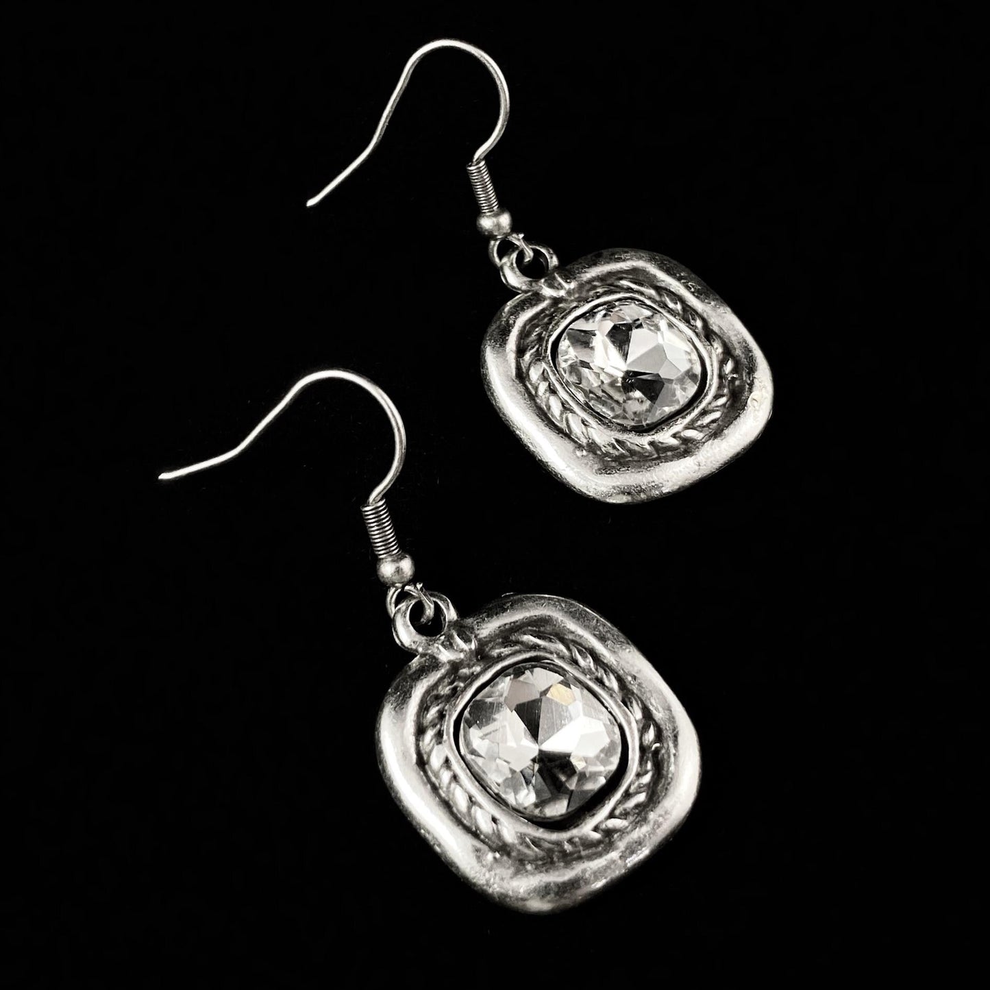 Silver Square Drop Earrings with Clear Crystals, Handmade, Nickel Free - Noir
