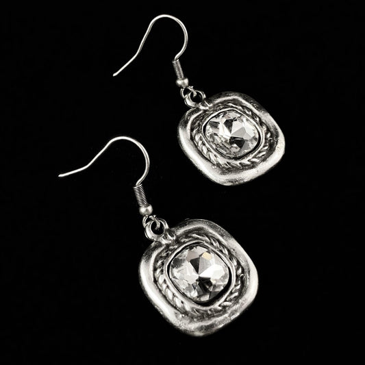 Silver Square Drop Earrings with Clear Crystals, Handmade, Nickel Free - Noir