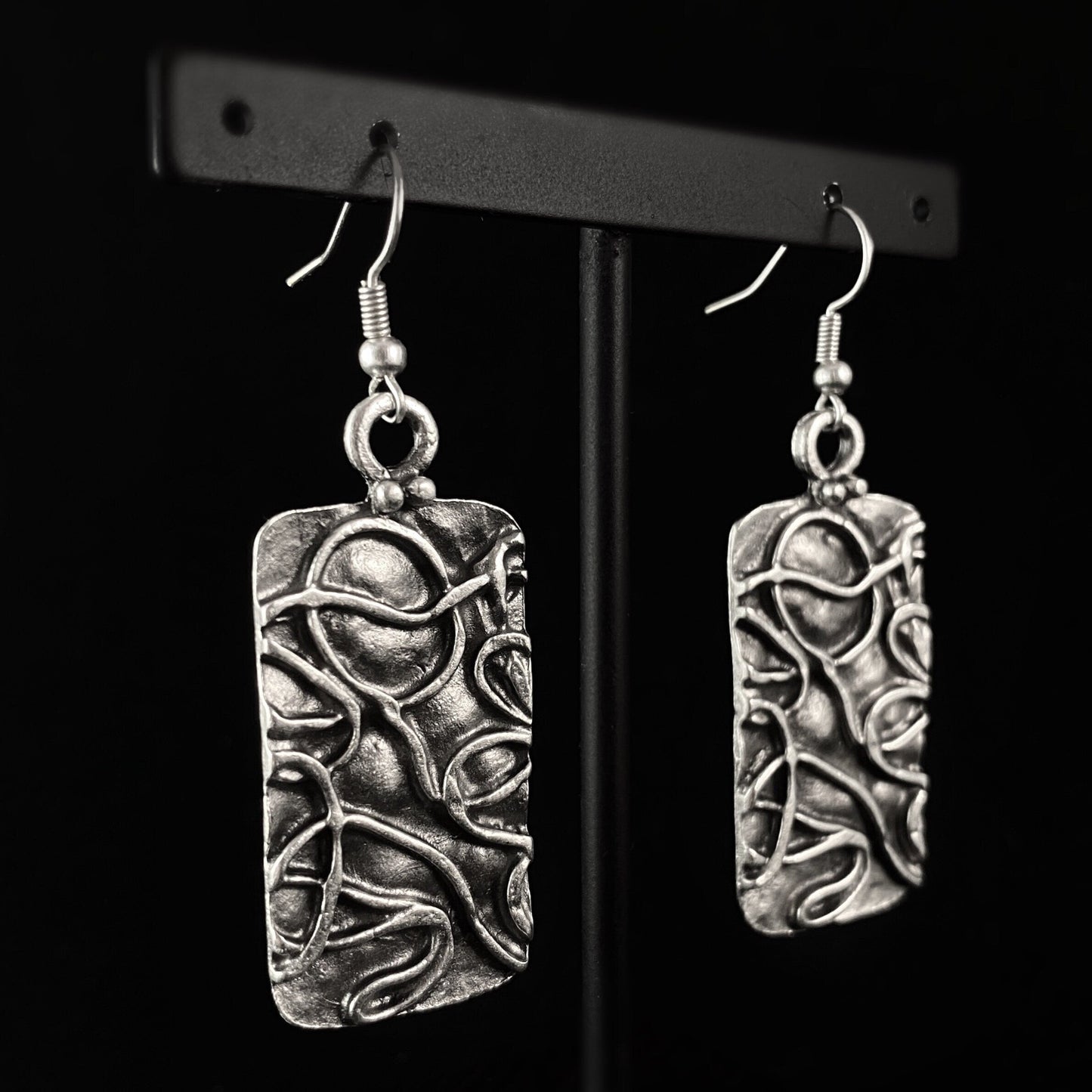 Silver Squiggle Textured Rectangle Drop Earrings, Handmade, Nickel Free - Elegant Minimalist Jewelry for Women