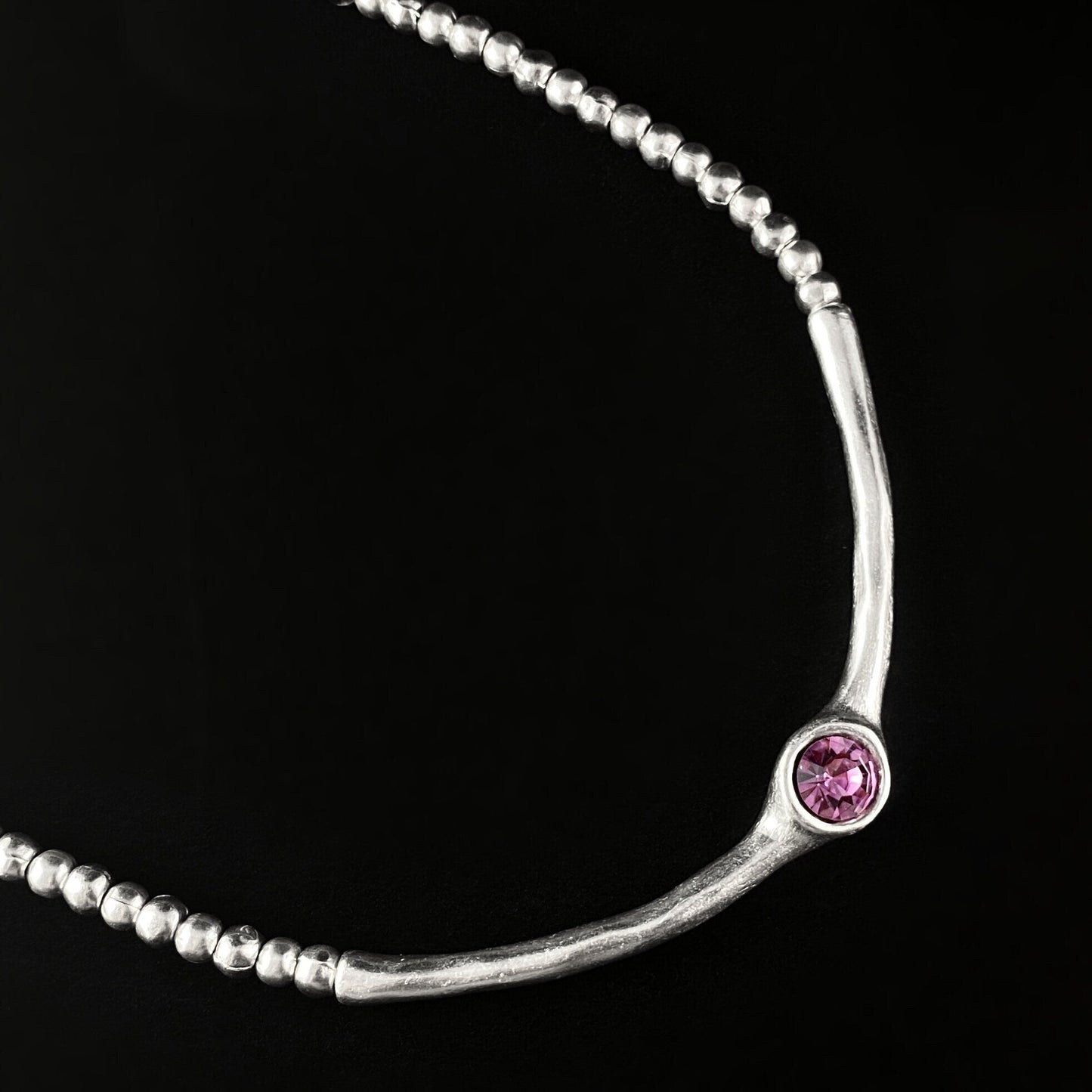 Silver Statement Necklace with Pink Round Crystal Accent, Handmade, Nickel Free - Noir