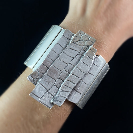 Silver Stretch Bracelet with Chunky Textured Accent, Handmade, Nickel Free