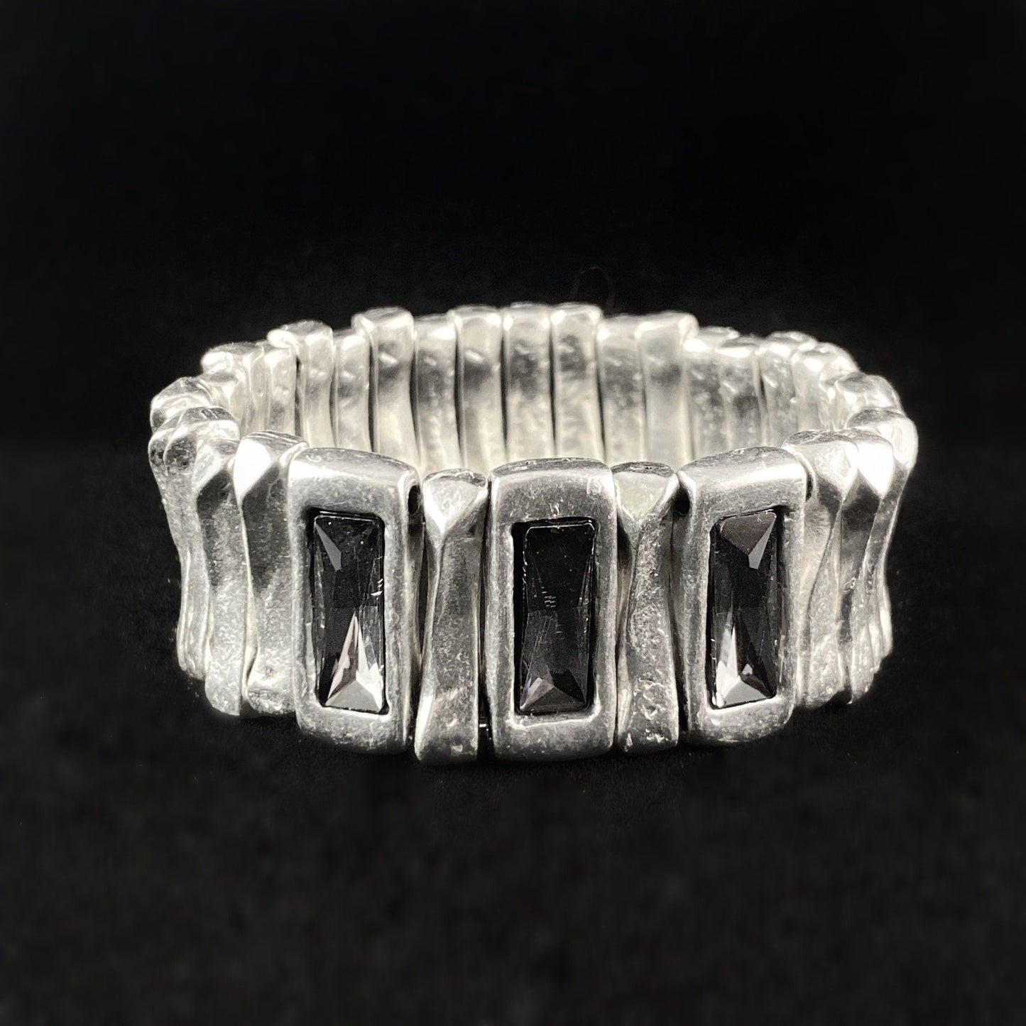 Silver Stretch Bracelet with Gray Rectangular Crystal Accents, Handmade, Nickel Free