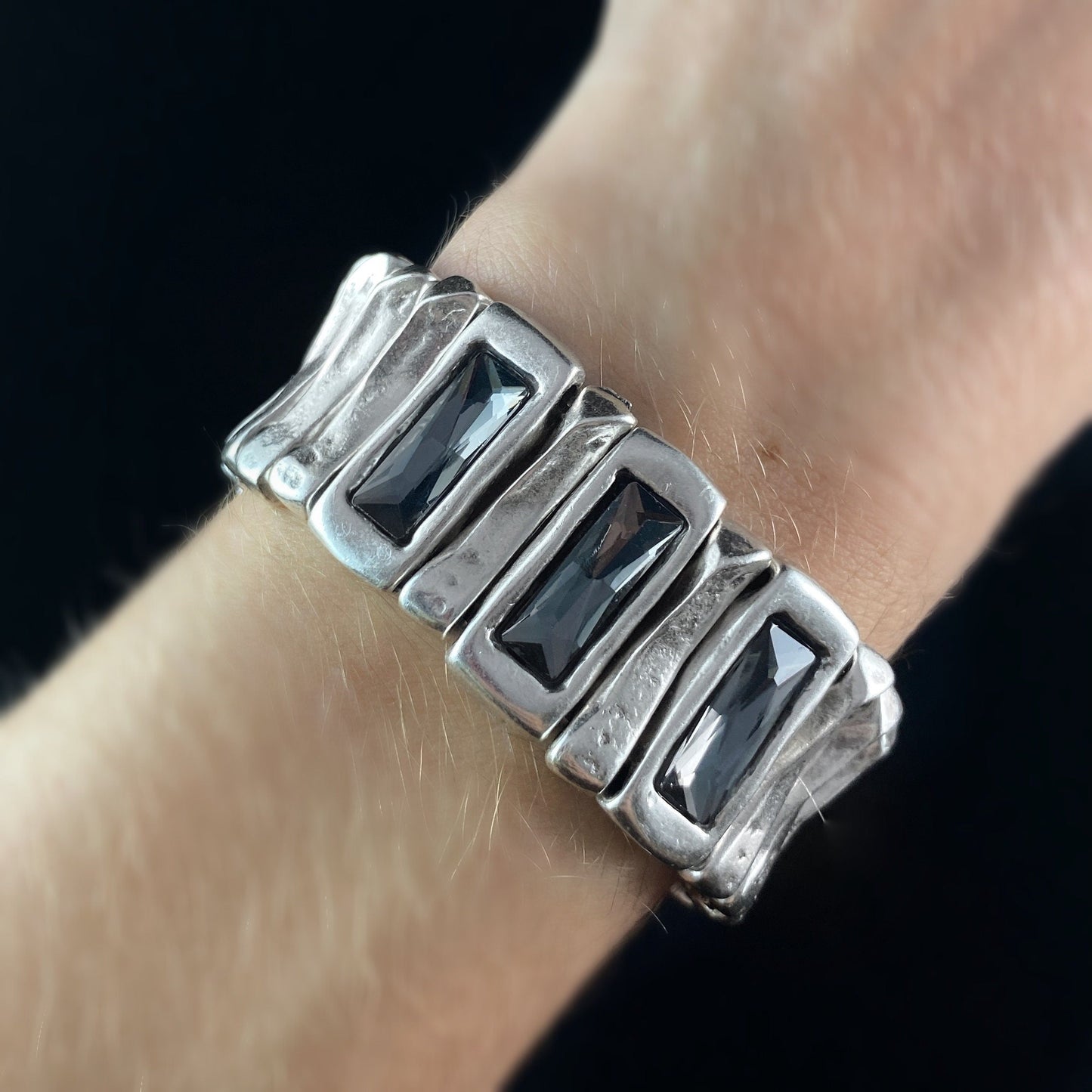 Silver Stretch Bracelet with Gray Rectangular Crystal Accents, Handmade, Nickel Free