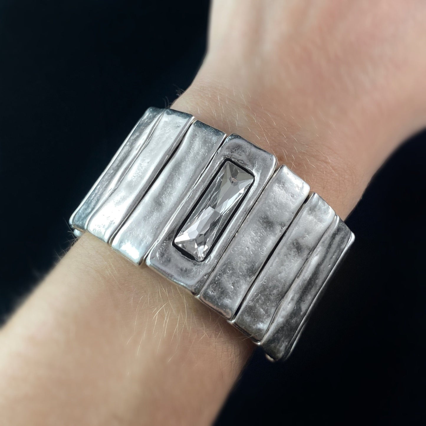 Silver Stretch Bracelet with Rectangular Crystal Accent, Handmade, Nickel Free