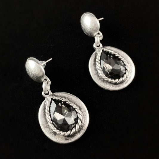 Silver Teardrop Crystal Drop Earrings with Braided Detailing - Handmade, Nickel Free - Elegant Minimalist Jewelry for Women