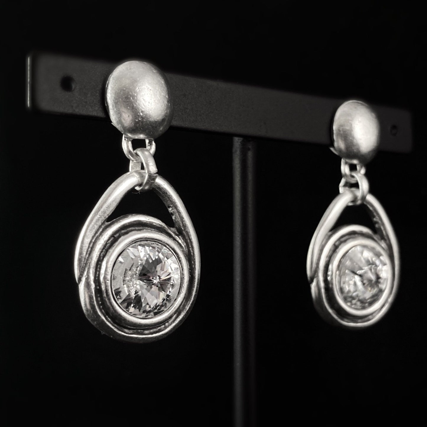 Silver Teardrop Earrings with Clear Crystal, Handmade, Nickel Free
