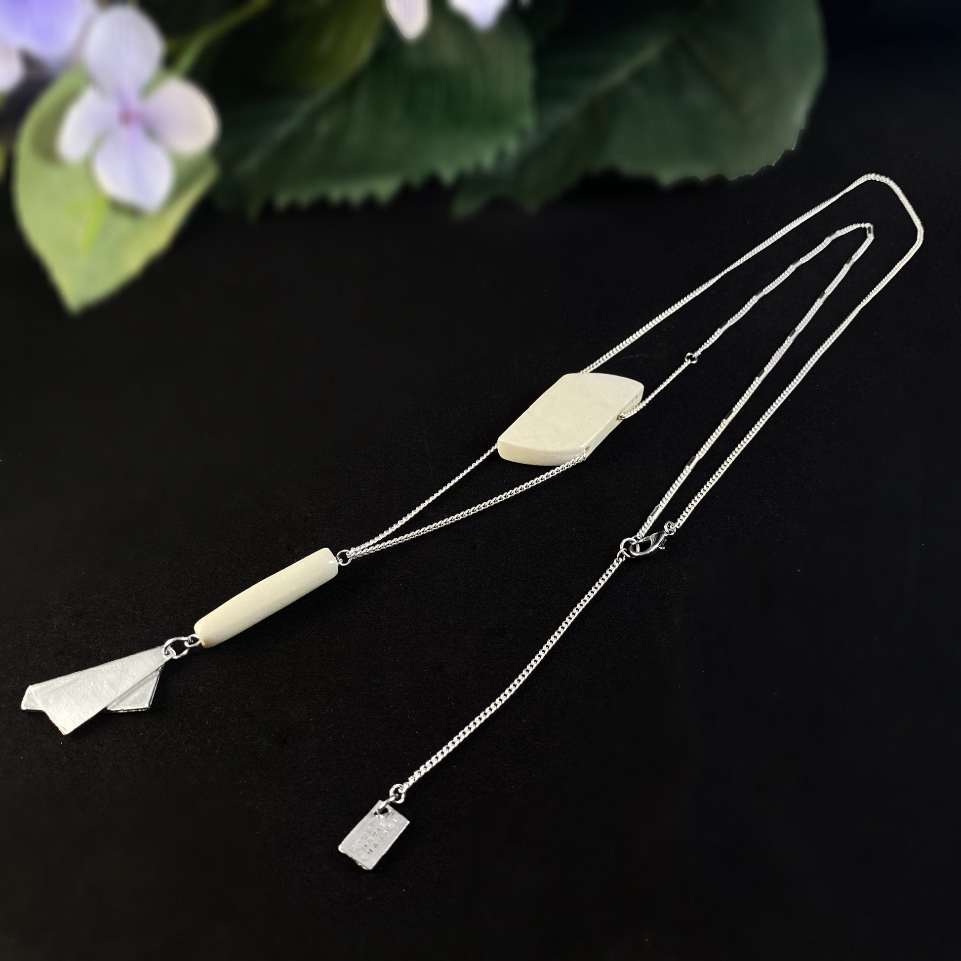 Silver Triangle and White Geometric Bead Pendant Necklace - Handmade in Canada, Anne-Marie Chagnon Jewelry