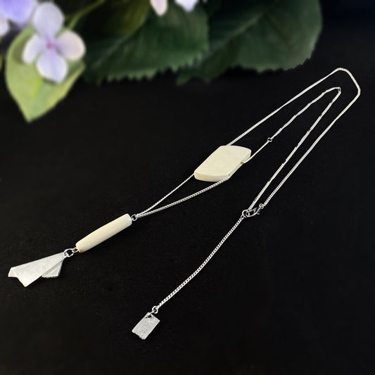 Silver Triangle and White Geometric Bead Pendant Necklace - Handmade in Canada, Anne-Marie Chagnon Jewelry