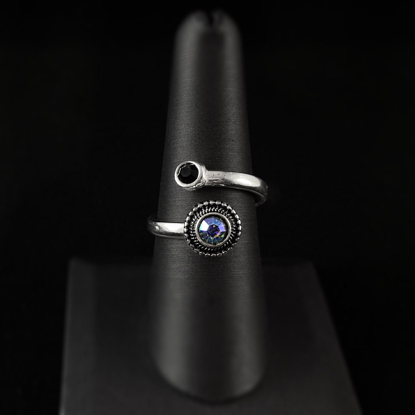 Silver Twist Ring, Black Stone and Multi Color Crystal, Size 8 Adjustable - Handmade, Nickel Free - Ulla