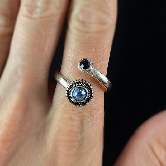 Silver Twist Ring, Black Stone and Multi Color Crystal, Size 8 Adjustable - Handmade, Nickel Free - Ulla
