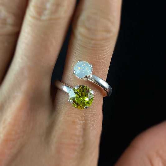 Silver Two Stone Twist Ring, Peridot and Opal, Size 8 - Handmade, Nickel Free - Ulla