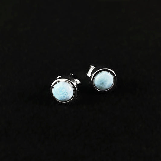 Small Sterling Silver Round Stud Earrings with Natural Larimar Stones