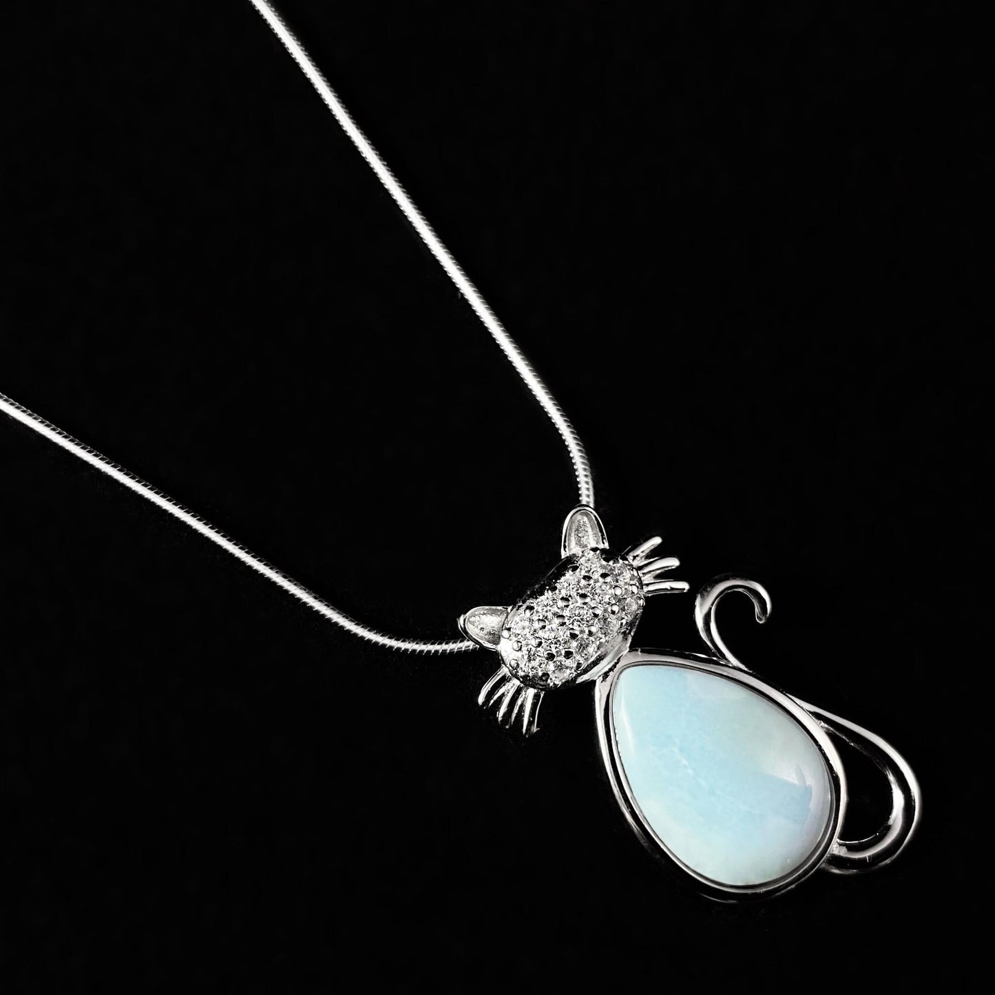 Sterling Silver Cat Necklace with Natural Larimar Stones