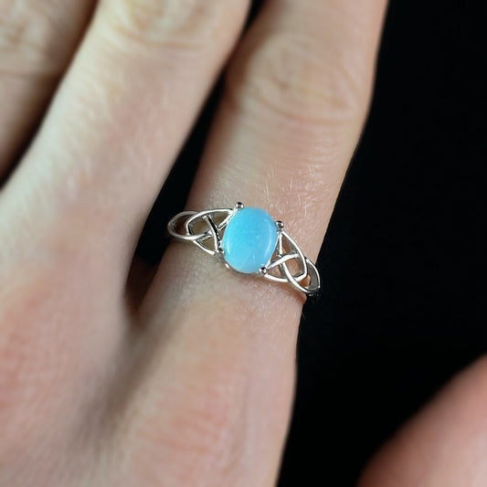 Sterling Silver Celtic Design Ring with Natural Larimar Stone, Size 7