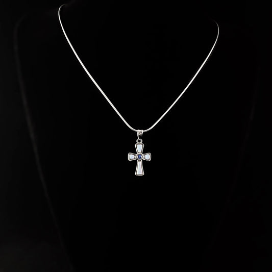 Sterling Silver Cross Necklace with Natural Larimar Stones