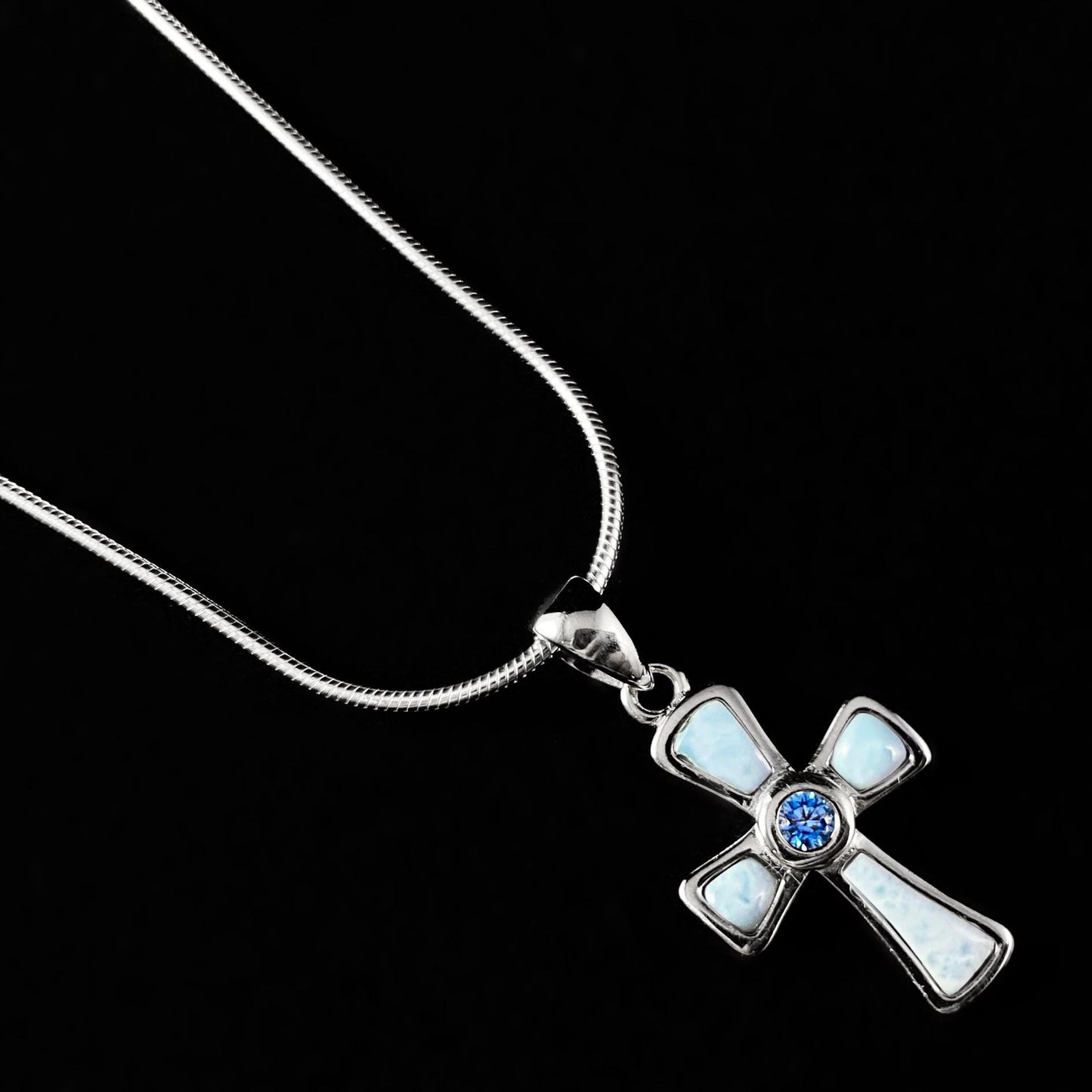Sterling Silver Cross Necklace with Natural Larimar Stones