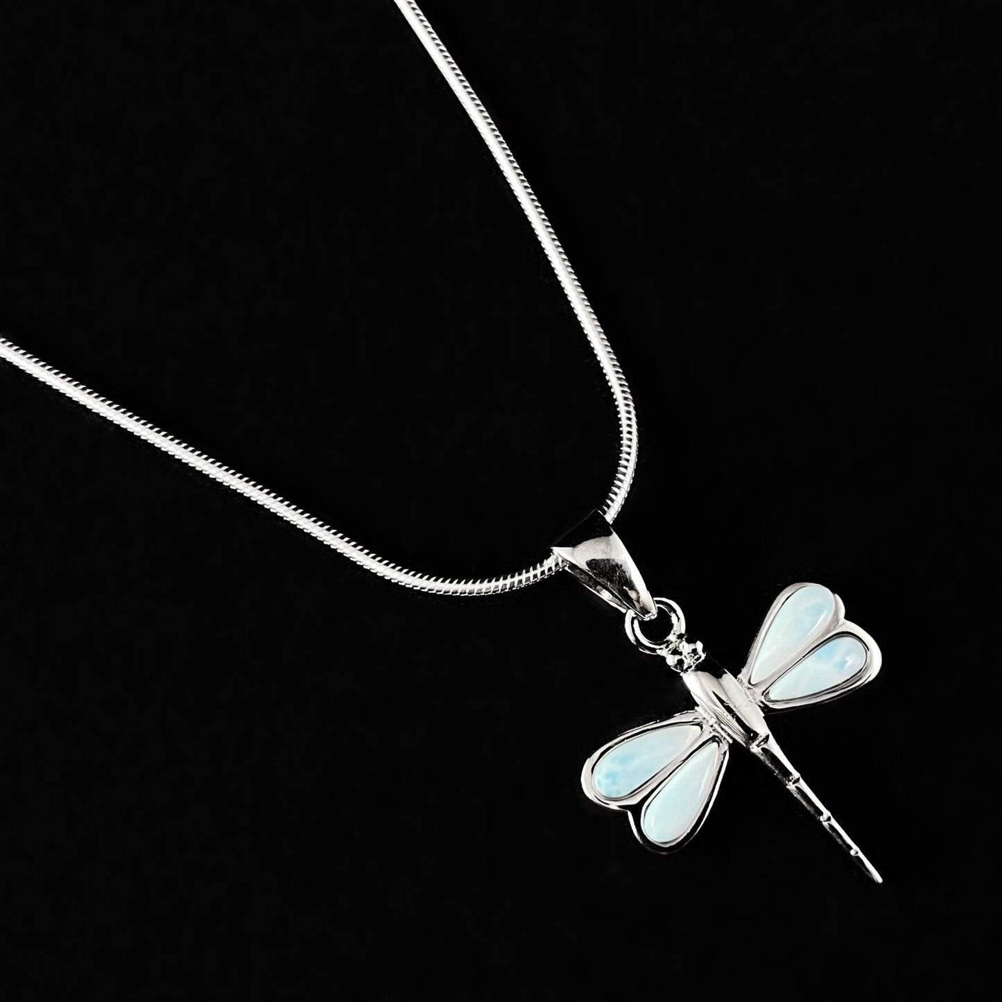 Sterling Silver Dragonfly Necklace with Natural Larimar Stones