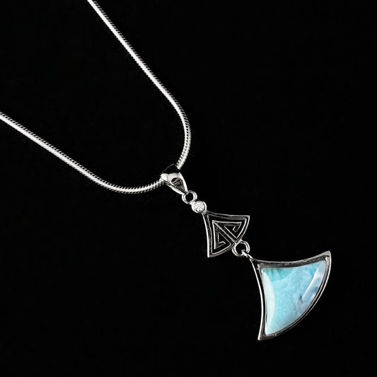 Sterling Silver Fan Shape Greek Design Necklace with Natural Larimar Stone