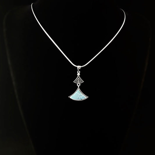 Sterling Silver Fan Shape Greek Design Necklace with Natural Larimar Stone