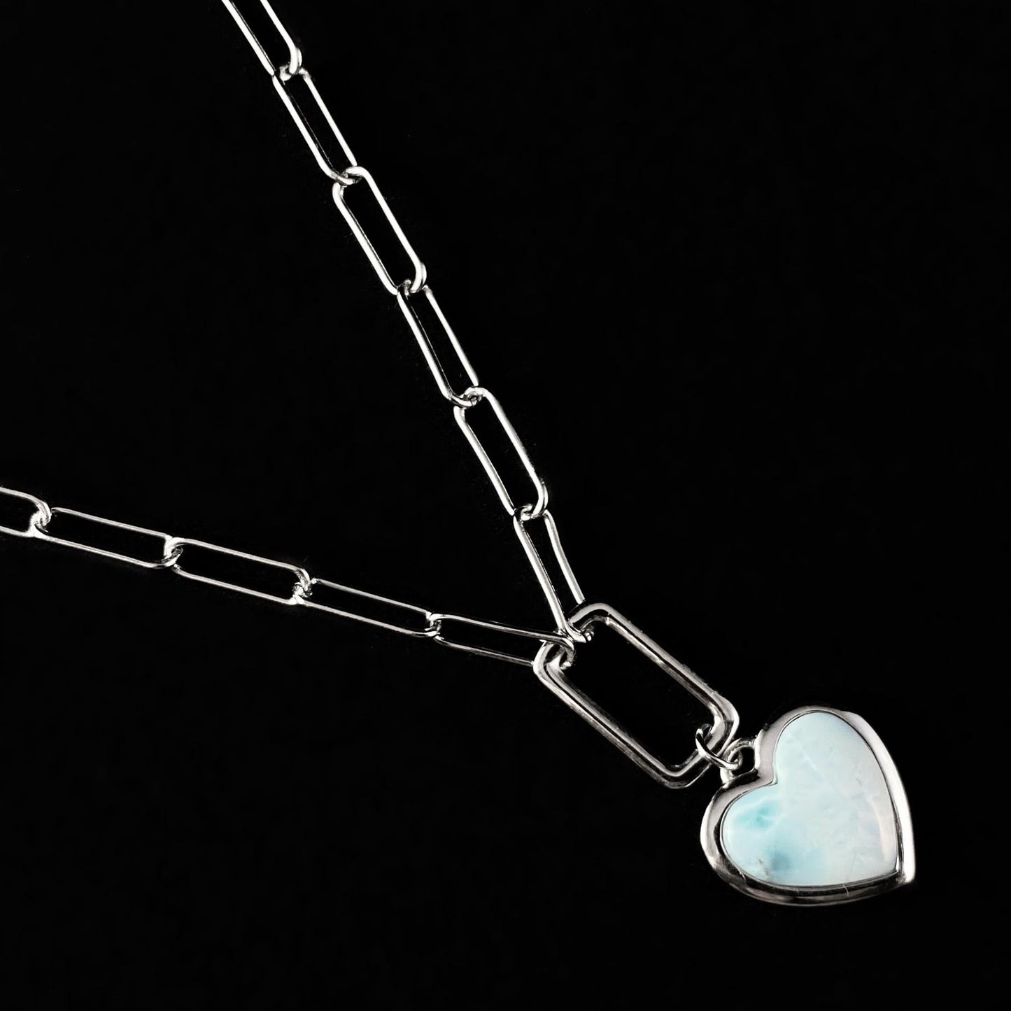 Sterling Silver Heart Necklace with Natural Larimar Stone