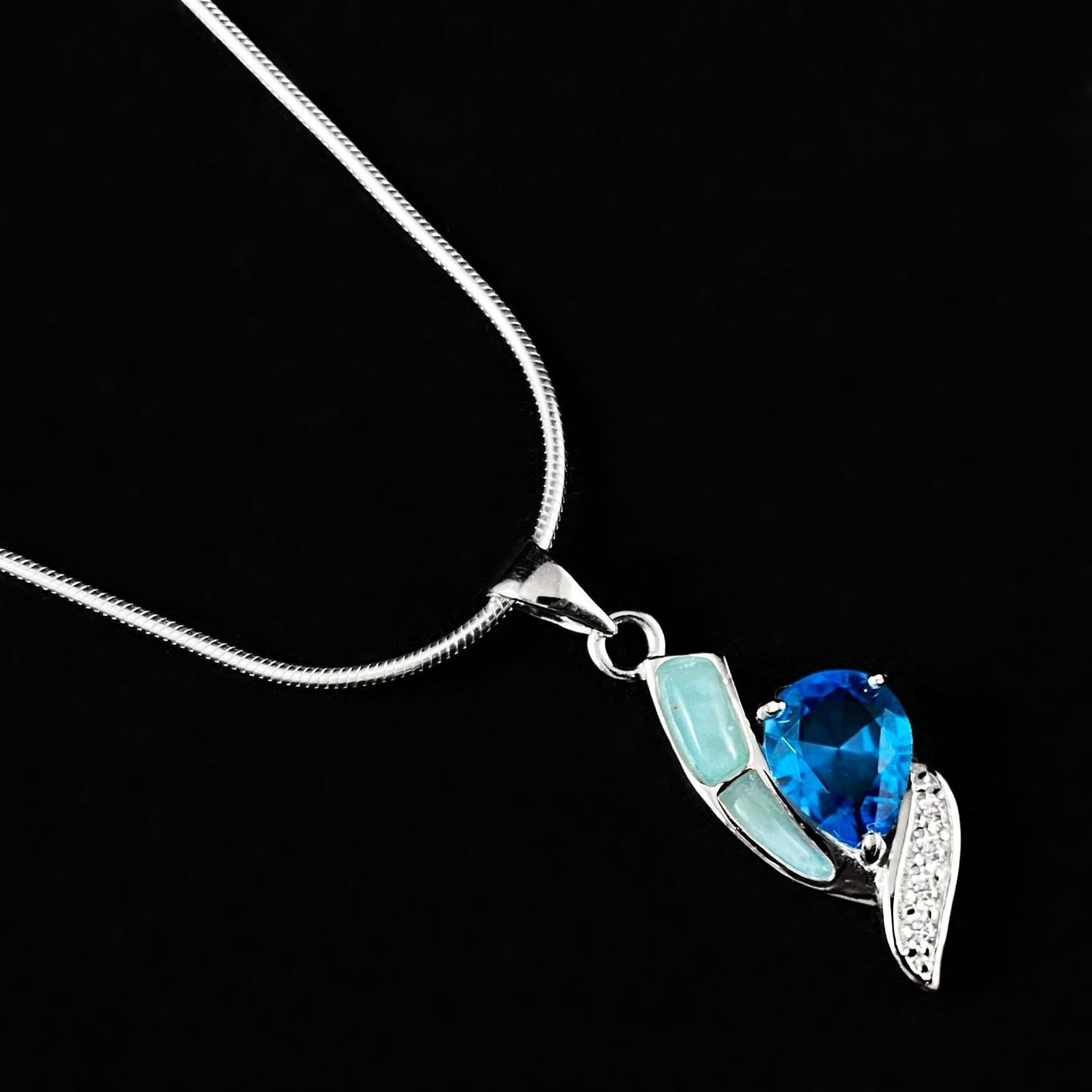 Sterling Silver Necklace with Natural Larimar Stone and Blue Topaz