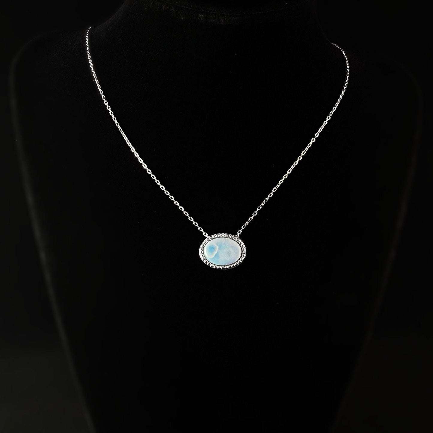 Sterling Silver Necklace with Oval Natural Larimar Stone