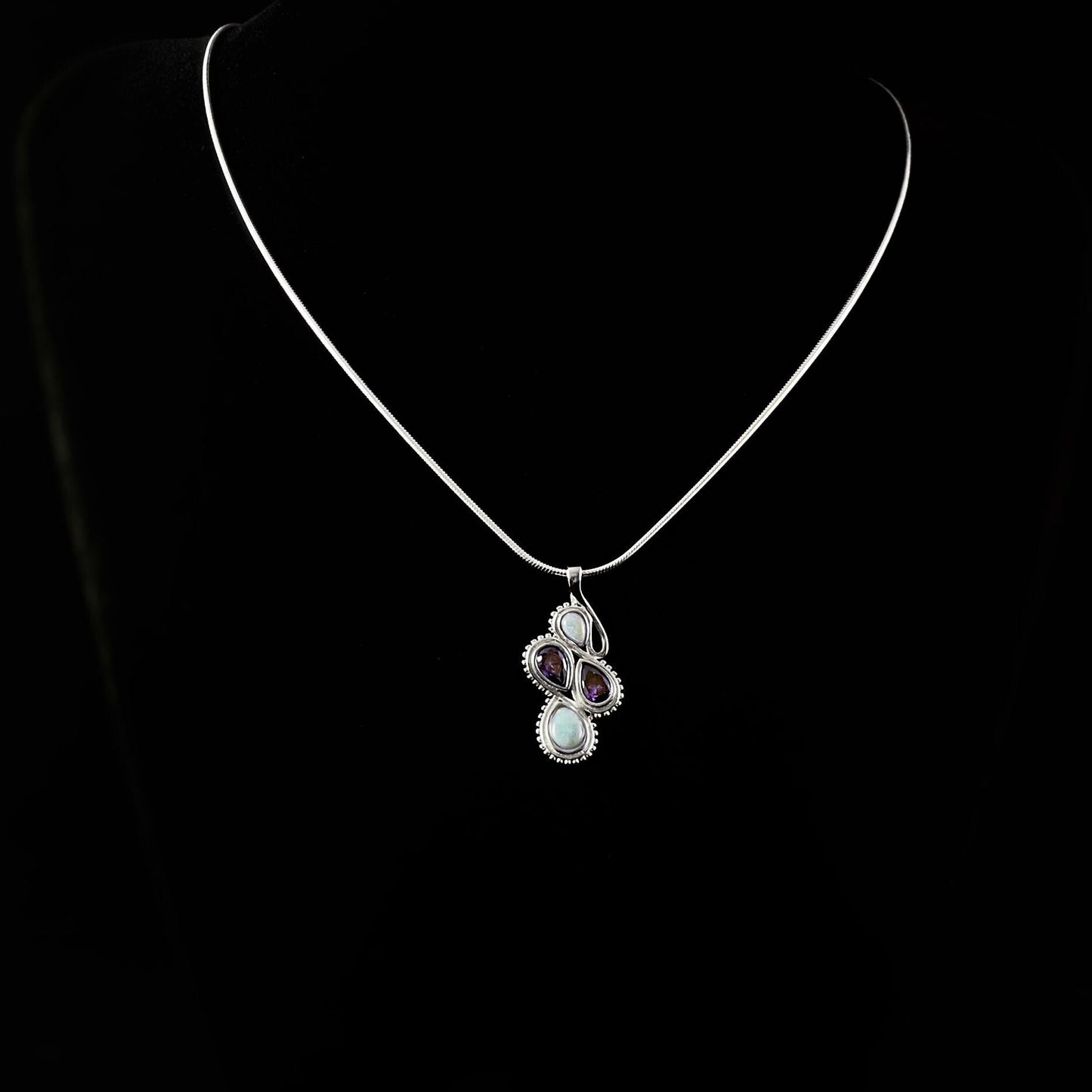 Sterling Silver Necklace with Pear Natural Larimar Stones and Amethyst