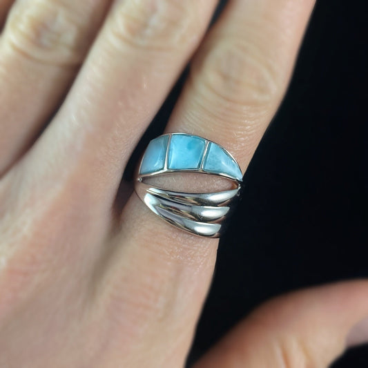 Sterling Silver Ring with Natural Larimar Stones, Size 8