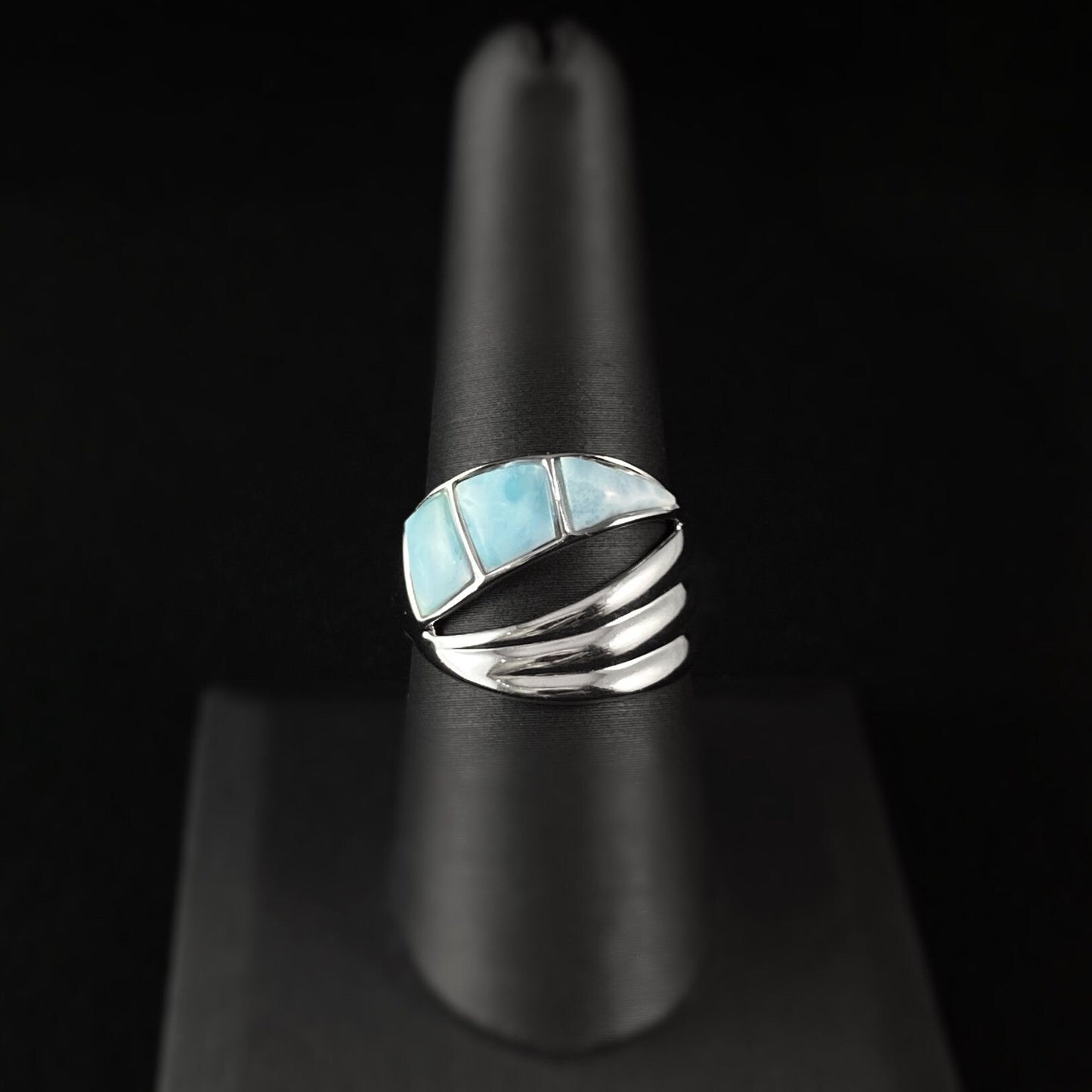 Sterling Silver Ring with Natural Larimar Stones, Size 8