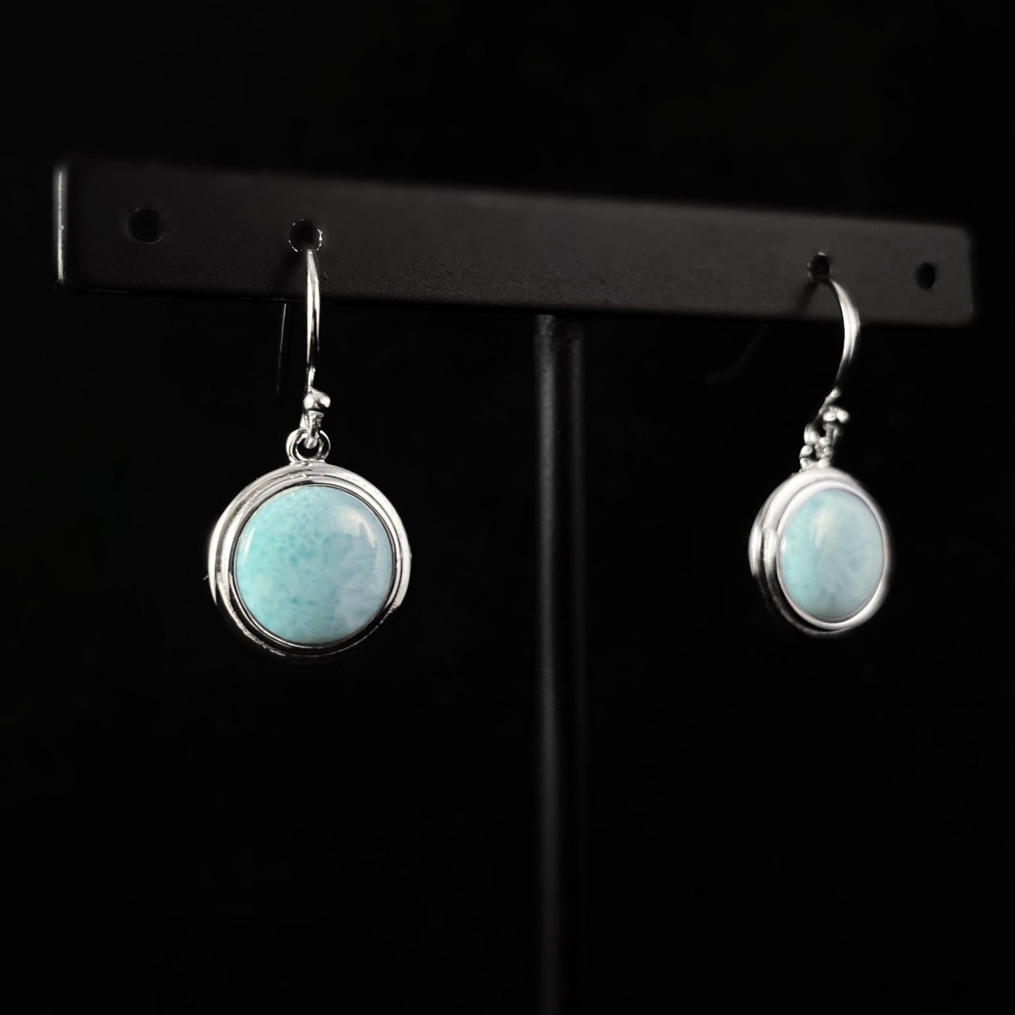 Sterling Silver Round Drop Earrings with Natural Larimar Stones