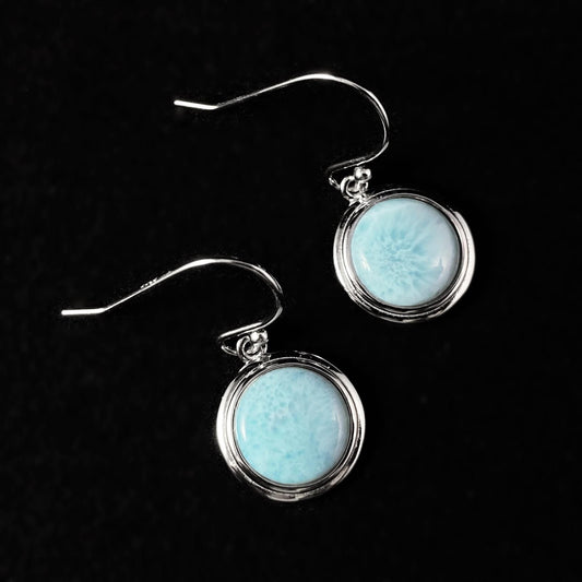 Sterling Silver Round Drop Earrings with Natural Larimar Stones